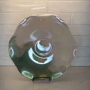 Decorative 13 Inch Glass Bowl Green Beige Wavy Edge Art Plate Excellent Cond